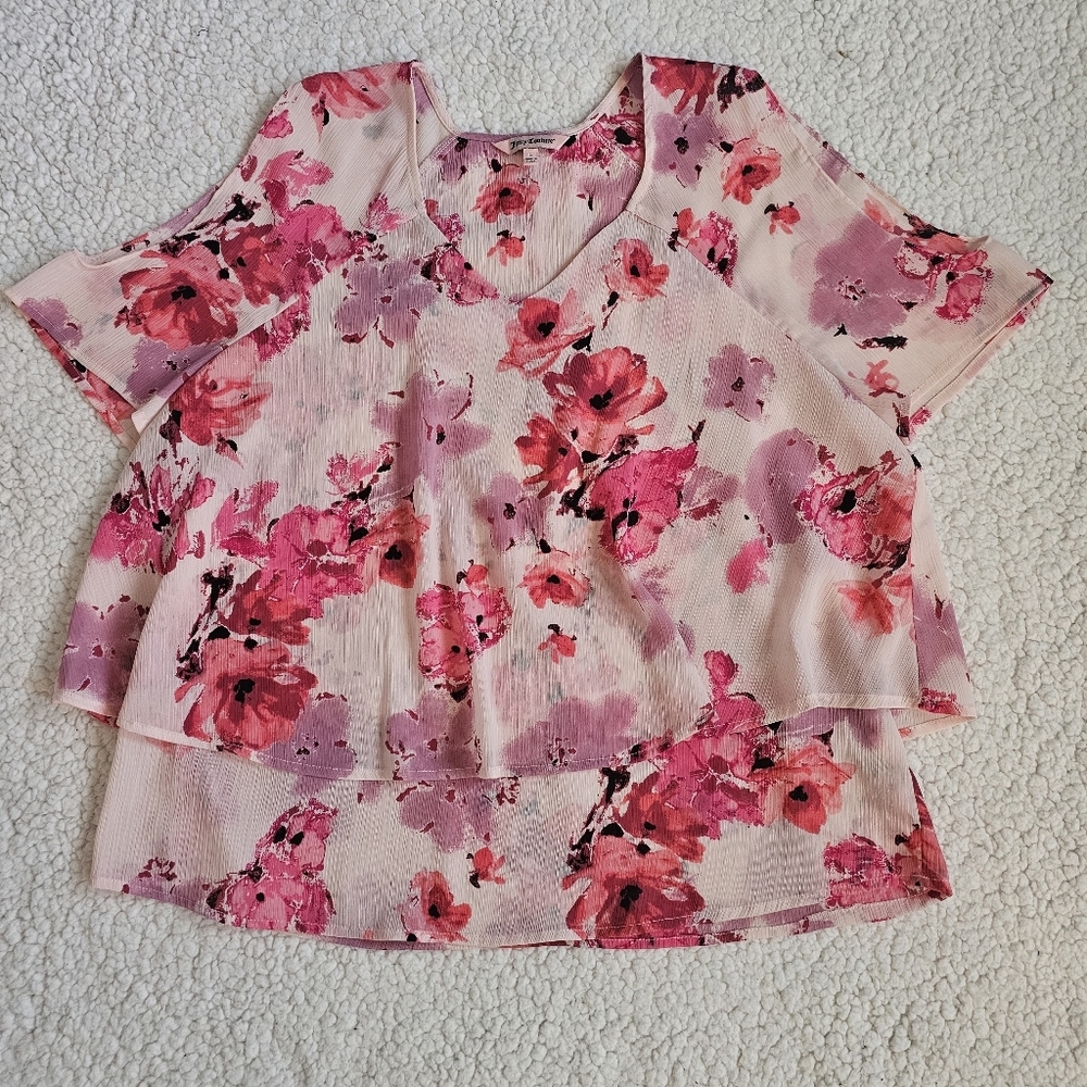 Juicy Couture Pink Watercolor Floral Print V-neck Cold Shoulder Chiffon Blouse L